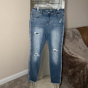 INC Skinny Leg Regular Fit Jeans Size 12 Plaid Patch Frayed Hem Holes Pockets